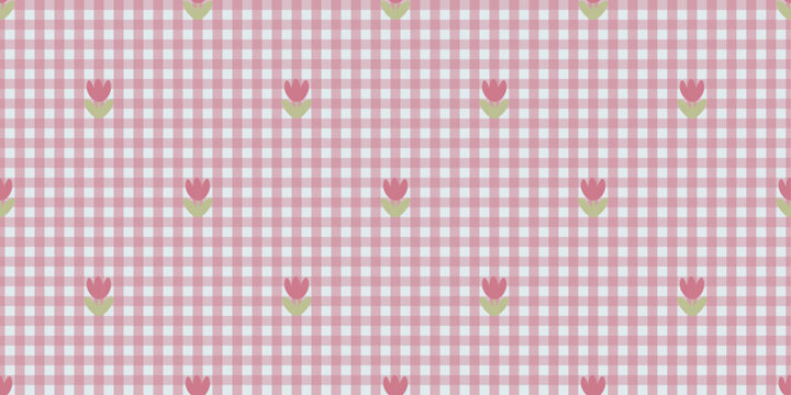 Cute Pink Oblique Checkered Grid Line Pattern and Floral in a Seamless Pattern