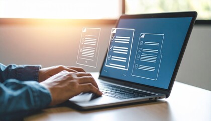 Online documents and digital forms are accessible using a laptop for efficient remote work and tasks management.