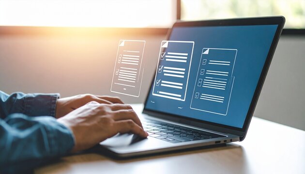 Online documents and digital forms are accessible using a laptop for efficient remote work and tasks management.