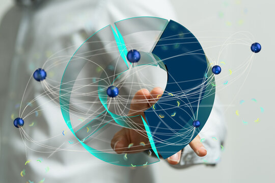 Interactive visualization of data connections, network analysis, global data, digital transformation.
