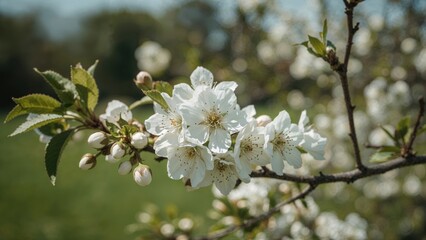 Obraz premium Vibrant apple tree blossoms shining under a clear, sunny spring sky with a blurred green background