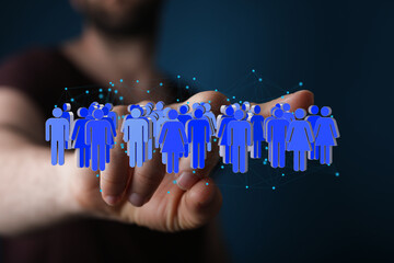 Hand interacting with digital network of people.  Social media, community, connection.