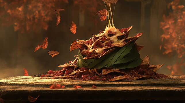 Cheesy Nachos Topped with Meat in a Rustic Setting