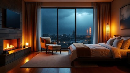 A cozy bedroom with a city view at night.
