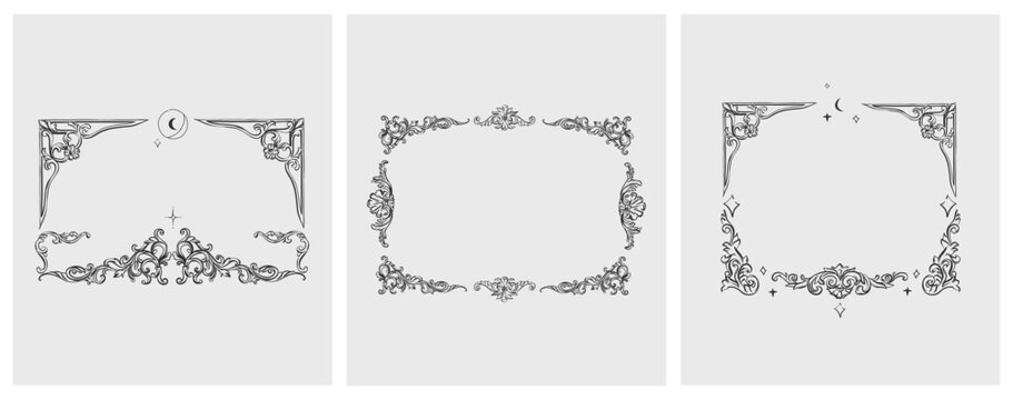 Hand drawn vector abstract outline,graphic,line vintage baroque ornament floral frame in calligraphic elegant modern style.Baroque floral vintage outline design concept.Vector antique frame isolated.