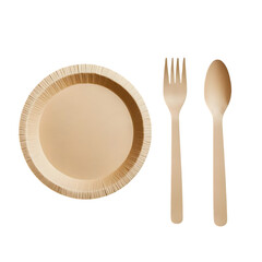 Fork and spoon and paper plate isolated on transparent background