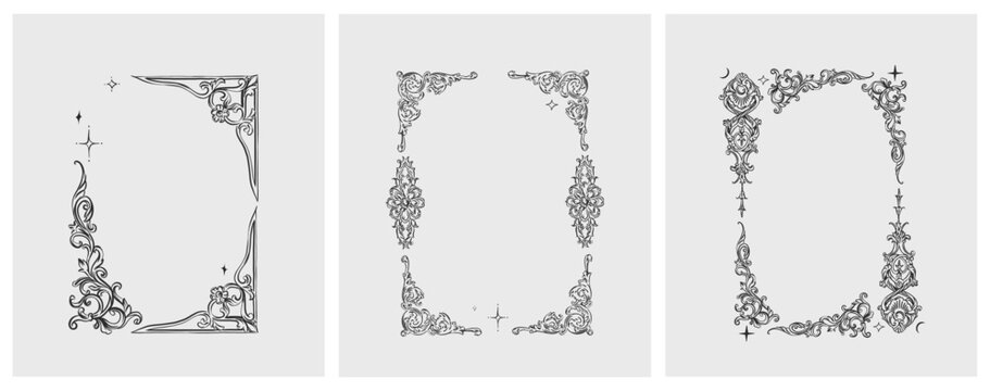 Hand drawn vector abstract outline,graphic,line vintage baroque ornament floral frame in calligraphic elegant modern style.Baroque floral vintage outline design concept.Vector antique frame isolated.
