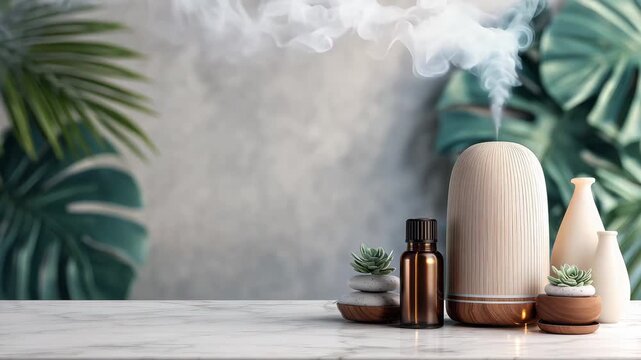 Essential oils diffuse in a tranquil indoor space adorned with modern decor, green plants, and soothing elements for relaxation