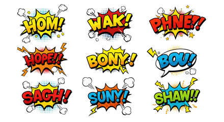 Fototapeta premium Colorful Comic Book Sound Effects with Exclamations and Explosions