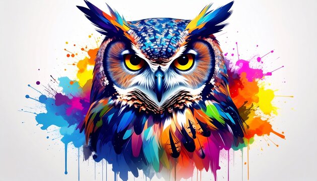 Abstract owl portrait with vibrant double exposure paint effects on a white background - blending wildlife detail and artistic expression in a bold, colorful, and mysterious visual style