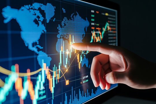 Closeup Hand Interacting with Global Stock Market Data Display Screen Showing Blue World Map Candlestick Charts and Financial Indicators Orange Teal Yellow Lines