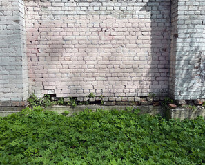 Old white brick wall and grass