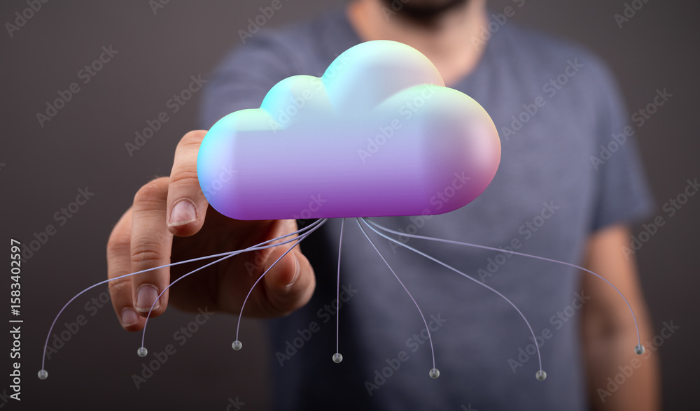 Poster person interacting with a cloud computing icon. secure data storage, network access.