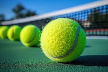 Tennis balls lined up on a court, a focused close-up shot.  A row of bright yellow tennis balls rest on a green court, with a tennis net in the background. 