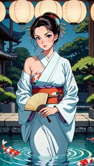 Elegant Geisha Illustration in Tranquil Japanese Garden with Koi Pond and Lanterns for Cultural Aesthetic