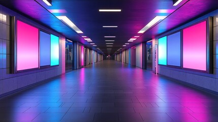 Neon-lit hallway with posters; perspective view