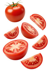 Fototapeta premium Fresh red ripe tomatoes: whole, half-sliced revealing pulp & seeds, and quarter-slices dynamically suspended in bright, soft studio light against a clean white background, ample copy space, concept