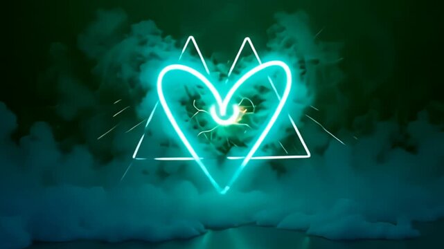 A striking formation of floating noise hazy abstract triangle made of neon smoke bursts into view, pulsating like a heart amidst a stark green backdrop; the contrast between the glowing