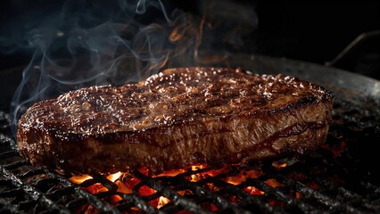 Juicy dry aged wagyu porterhouse steak being grilled on a flaming charcoal barbecue