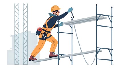Obraz premium Construction Worker on Scaffolding with Safety Gear Illustration