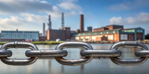 Naklejka premium Industrial chain foreground factory background metal link manufacturing supply chain industry water reflection cloudy sky connection strength