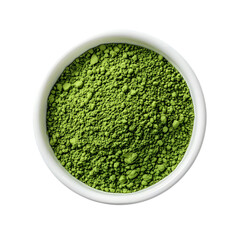 Matcha powder in ceramic cup top view isolated on transparent background