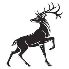 Detailed black silhouette of a proud deer with elaborate antlers and a rearing pose, symbolizing strength, wildlife, forest nature, and hunting. Ideal for logos, tattoos, and nature-themed designs.

