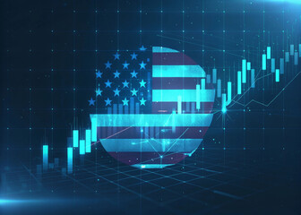 Digital chart finance graph United States flag economic growth stock market investment technology blue background futuristic data analysis optimism