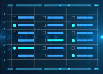 Futuristic supply chain dashboard interface with blue data visualization, digital chart, glowing elements, and modern UI design for business analytics and management