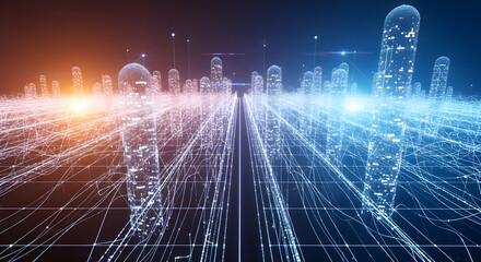 Abstract digital cityscape with glowing blue and orange lights representing data