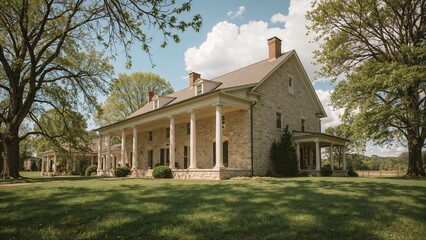 Elegant countryside home with strong pillars and rocky facade