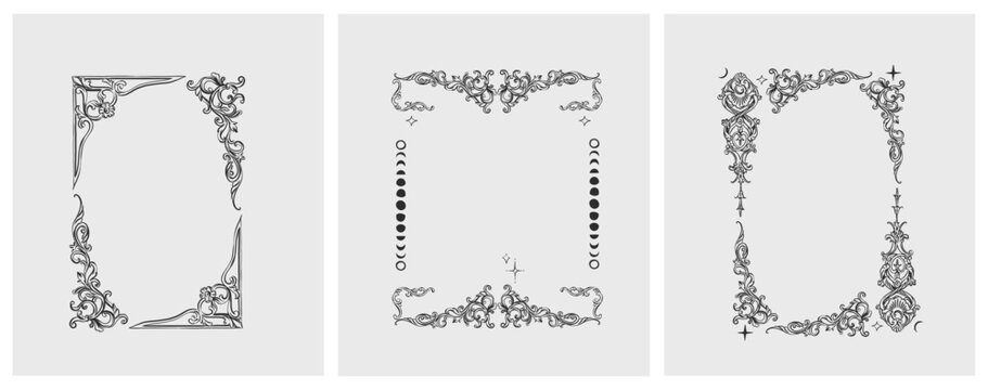Hand drawn vector abstract outline,graphic,line vintage baroque ornament floral frame in calligraphic elegant modern style.Baroque floral vintage outline design concept.Vector antique frame isolated.