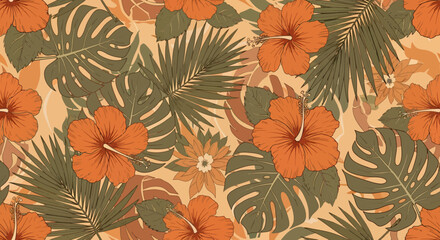 Tropical Floral Pattern with Hibiscus Palm and Monstera Leaves in Earthy Tones.