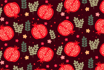 Background pattern with pomegranates and flowers