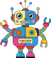 Illustration of a colorful robot with antennas and claw like hands design