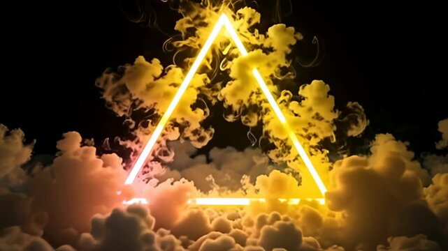 Journey into a futuristic landscape where floating noise hazy abstract triangle made of neon smoke pulsates in sync with a thumping bass, vibrant azures and luminescent yellows flickering