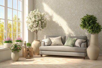 Bright living space with plants, couch, neutral tones, and natural light streaming in