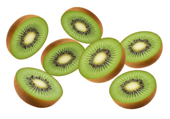 Fototapeta premium Multiple fresh kiwi fruit slices with vibrant green pulp and black seeds, showing fuzzy brown skin, dynamically suspended in mid-air against a transparent studio background with copy space,