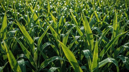 Obraz premium Picturesque morning view of a corn plantation in spring with space for writing