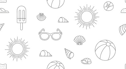 Summer themed seamless pattern with sun shells ice cream ball and sunglasses.