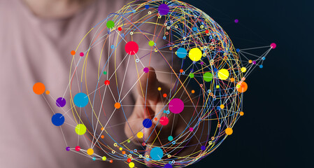 Abstract image of a global network with colorful nodes and lines, representing connections and data flow.