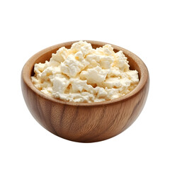 Cottage cheese in wooden cup isolated on transparent background