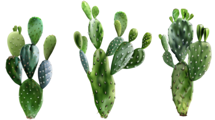 Set of Green Tropical Cactus Plants Isolated on Transparent Background