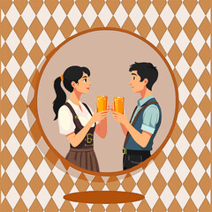 From the series "oktoberfest", guy and girl with dirndl holds with beer mugs on a traditional Bavarian pattern of brown diamonds