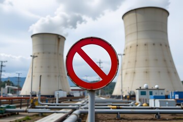 Fototapeta premium Nuclear Plant Caution: A striking visual of a nuclear power plant under a cloudy sky, with a prominent 