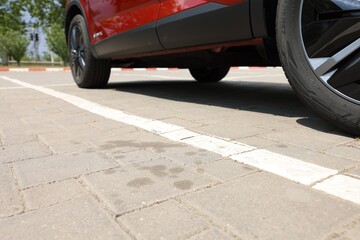 Stains of motor oil near car on paved road outdoors, closeup