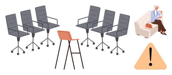 Fototapeta premium Multiple office chairs face a single stool, symbolizing imbalance. A woman holding a baby rests on a couch, highlighting work-life tension. Ideal for workplace inequality, decision-making, gender