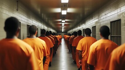 A group of inmates dressed in orange uniforms moves in a line down a long corridor within a correctional facility during a daily routine