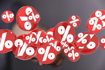3D render of red percentage symbols falling, ideal for sale, discount, and promotion marketing.