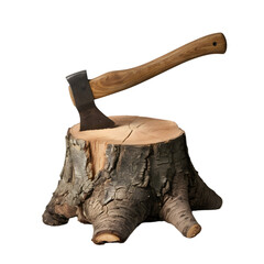 Axe on a tree stump isolated on transparent background